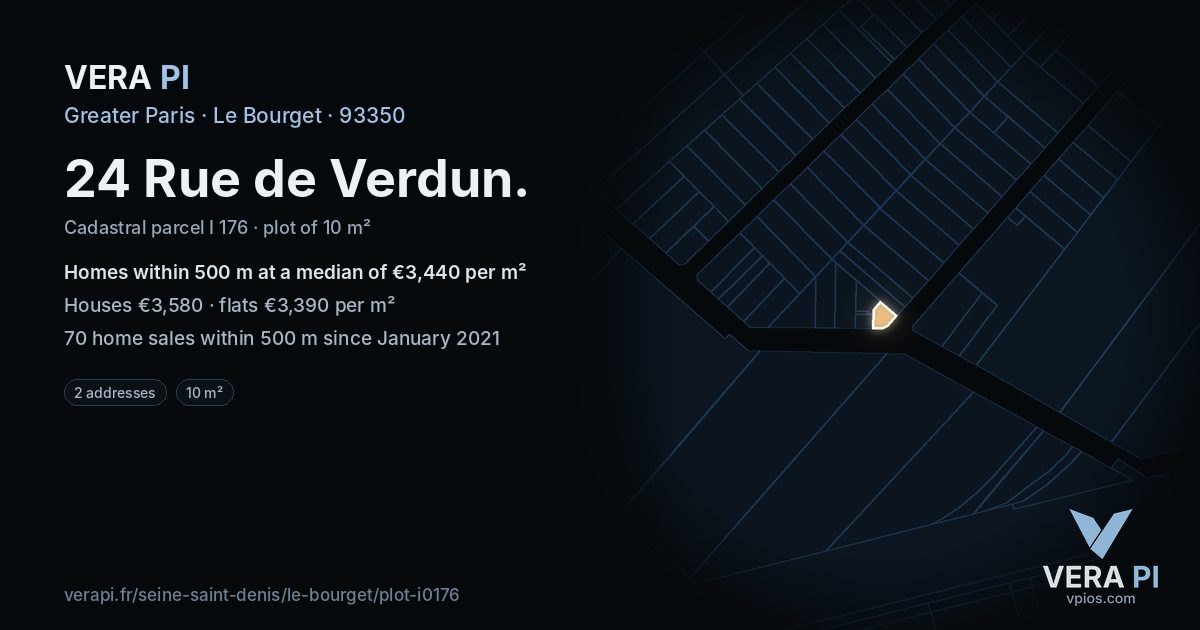 24 Rue de Verdun, Le Bourget at night – the plot lit, the parcels around coloured by the prices near them
