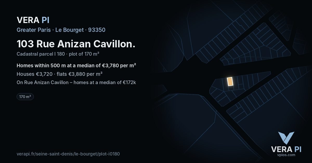 103 Rue Anizan Cavillon, Le Bourget at night – the plot lit, the parcels around coloured by the prices near them