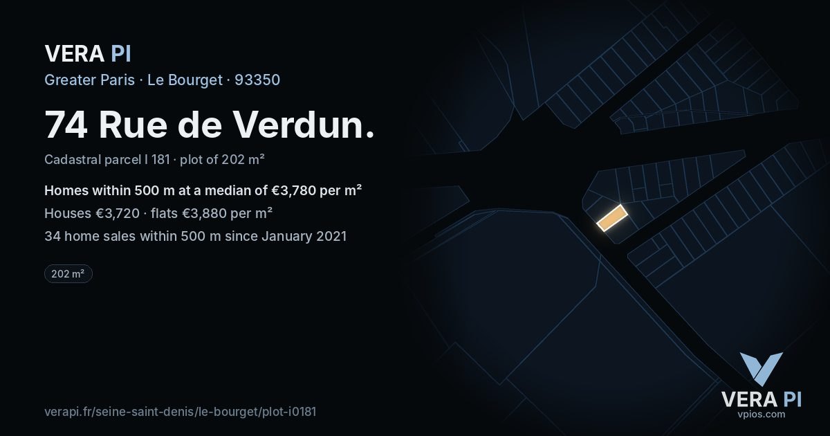 74 Rue de Verdun, Le Bourget at night – the plot lit, the parcels around coloured by the prices near them