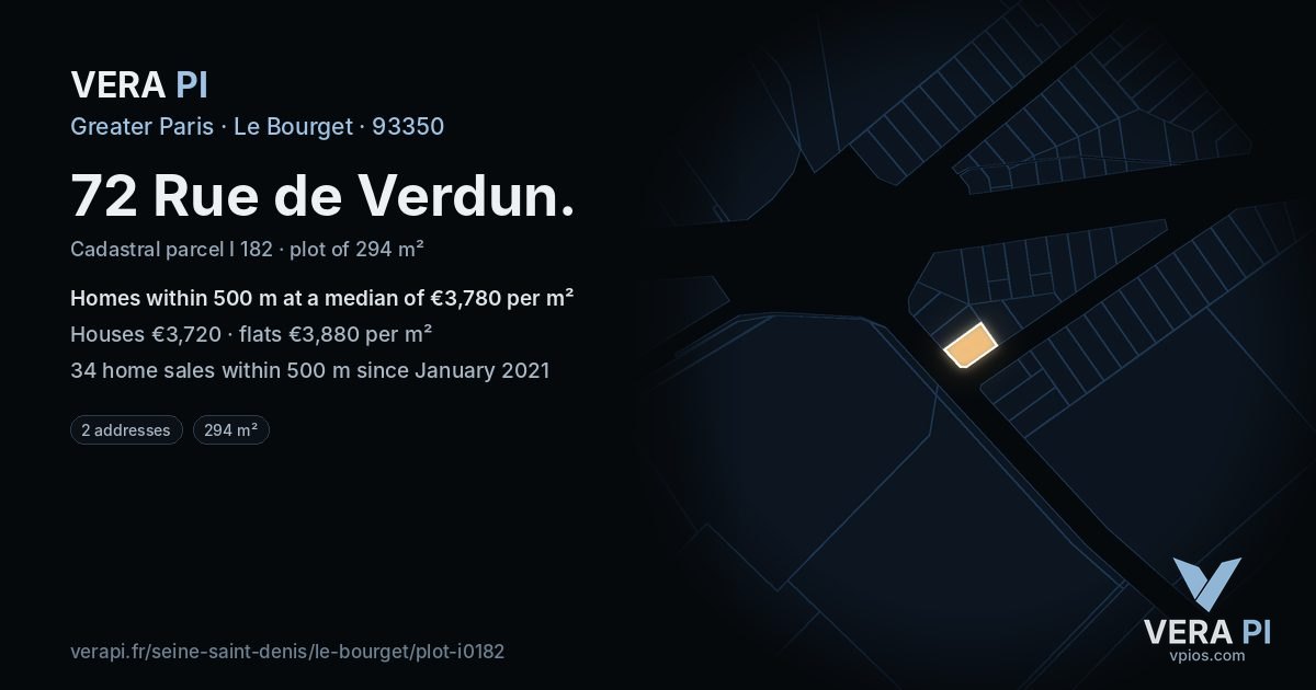 72 Rue de Verdun, Le Bourget at night – the plot lit, the parcels around coloured by the prices near them