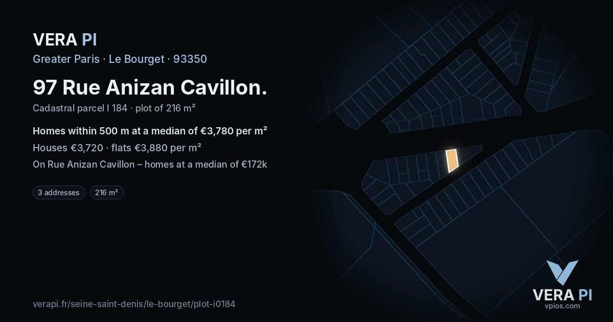 97 Rue Anizan Cavillon, Le Bourget at night – the plot lit, the parcels around coloured by the prices near them