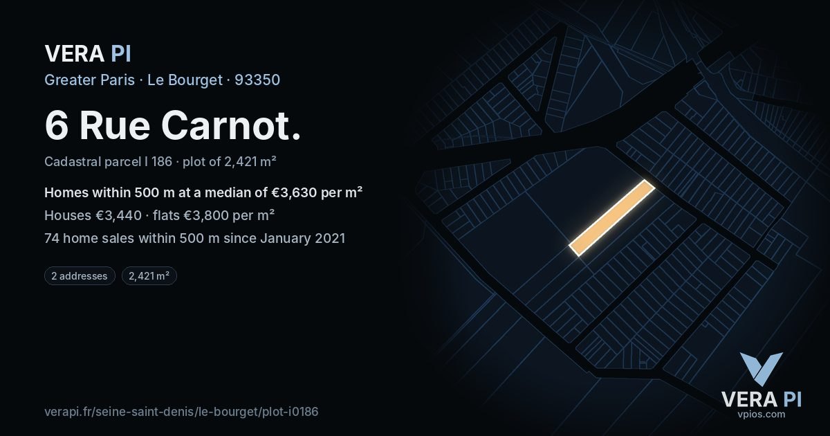 6 Rue Carnot, Le Bourget at night – the plot lit, the parcels around coloured by the prices near them
