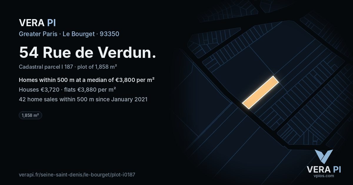54 Rue de Verdun, Le Bourget at night – the plot lit, the parcels around coloured by the prices near them