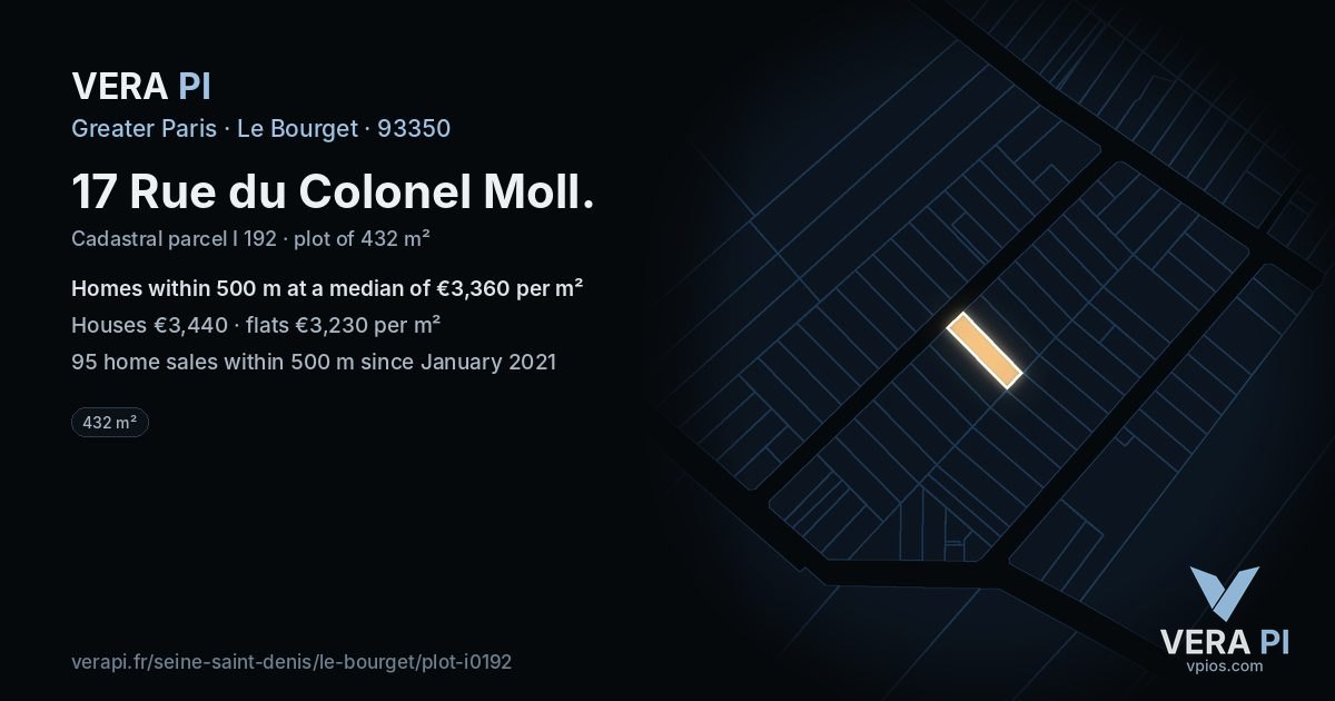 17 Rue du Colonel Moll, Le Bourget at night – the plot lit, the parcels around coloured by the prices near them