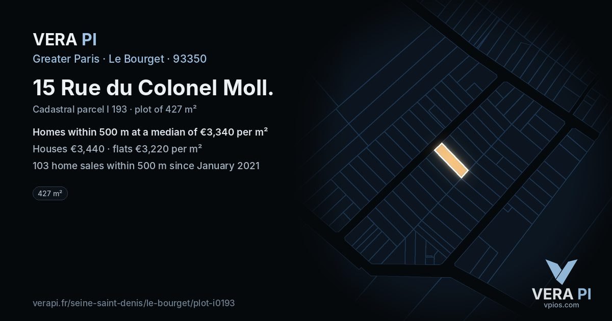 15 Rue du Colonel Moll, Le Bourget at night – the plot lit, the parcels around coloured by the prices near them