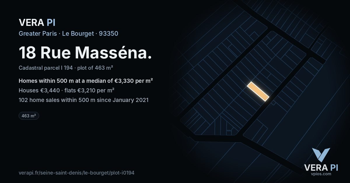 18 Rue Masséna, Le Bourget at night – the plot lit, the parcels around coloured by the prices near them