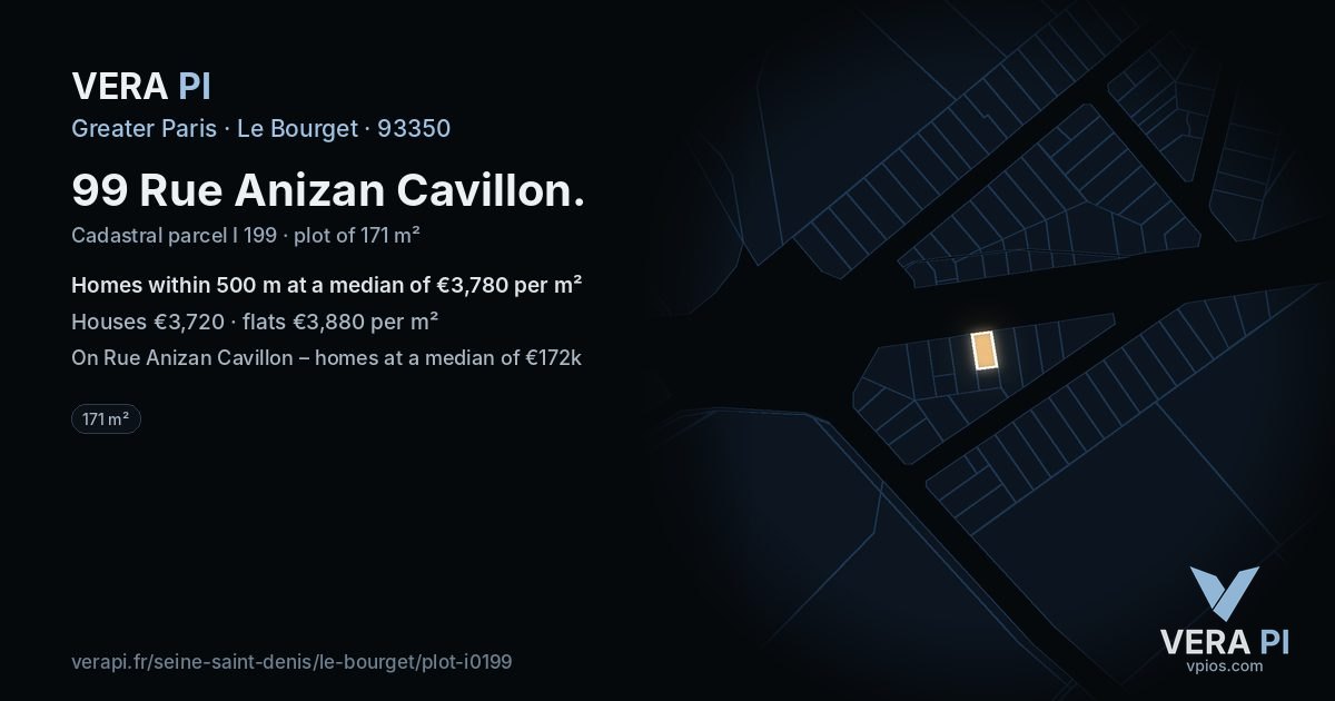 99 Rue Anizan Cavillon, Le Bourget at night – the plot lit, the parcels around coloured by the prices near them