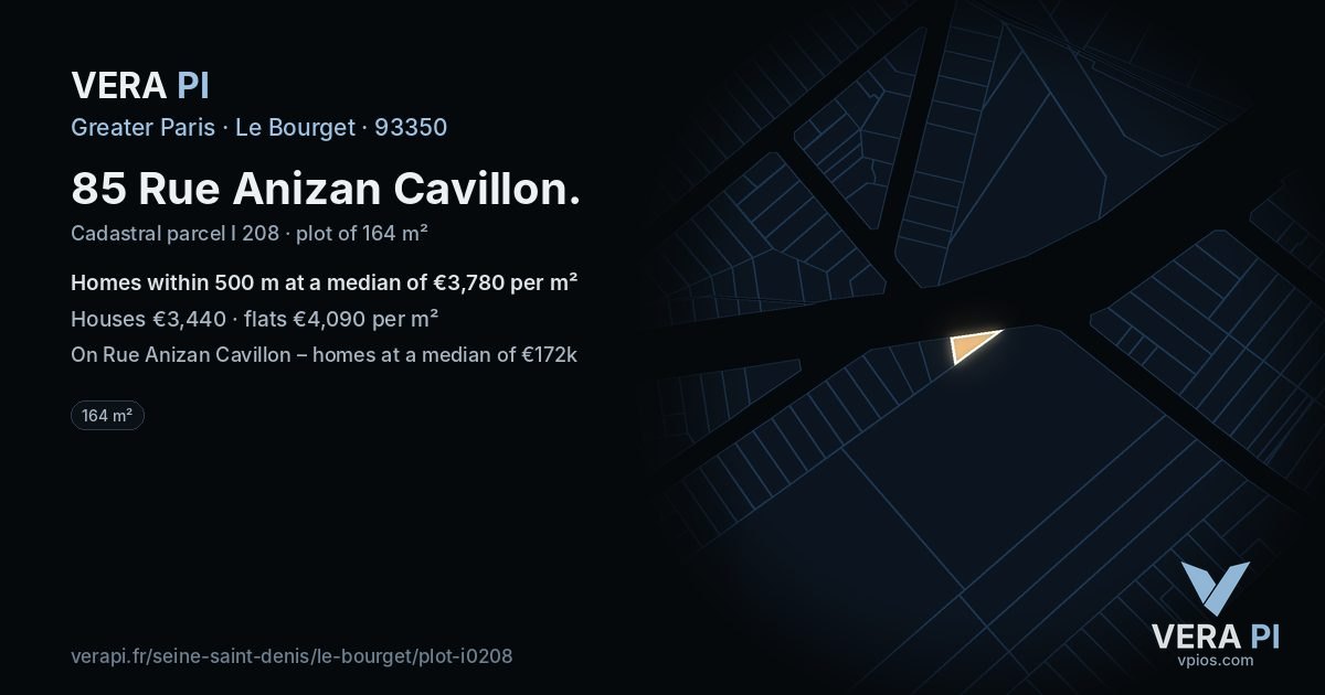 85 Rue Anizan Cavillon, Le Bourget at night – the plot lit, the parcels around coloured by the prices near them