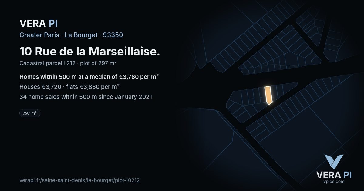 10 Rue de la Marseillaise, Le Bourget at night – the plot lit, the parcels around coloured by the prices near them