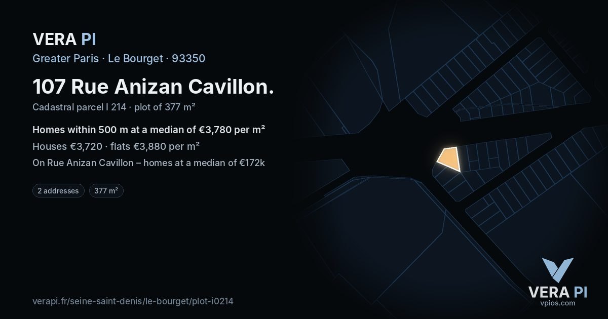107 Rue Anizan Cavillon, Le Bourget at night – the plot lit, the parcels around coloured by the prices near them