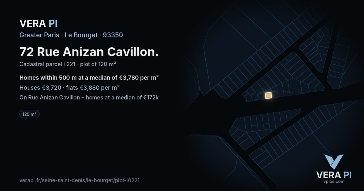 72 Rue Anizan Cavillon, Le Bourget at night – the plot lit, the parcels around coloured by the prices near them
