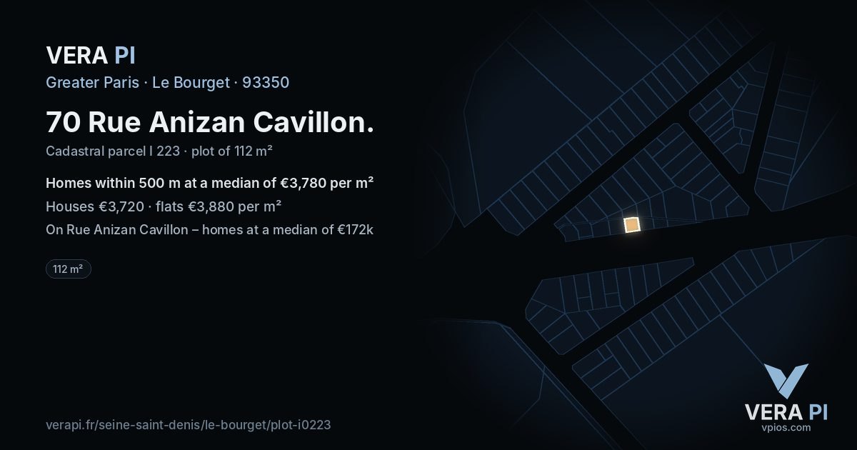 70 Rue Anizan Cavillon, Le Bourget at night – the plot lit, the parcels around coloured by the prices near them