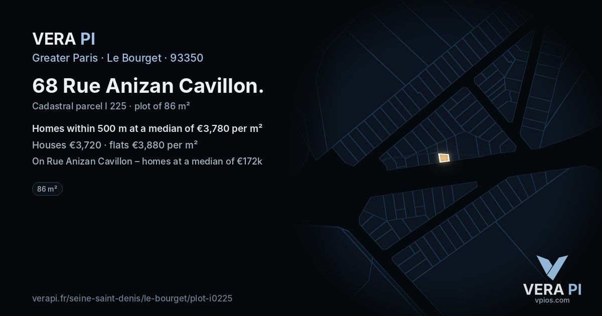 68 Rue Anizan Cavillon, Le Bourget at night – the plot lit, the parcels around coloured by the prices near them
