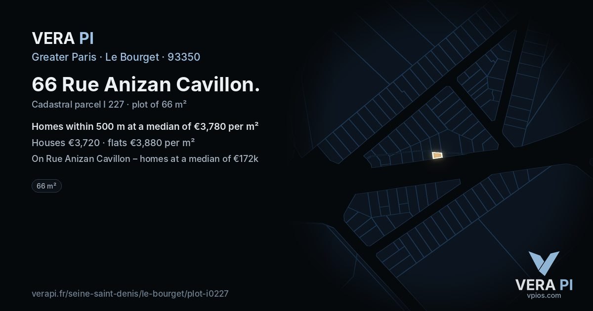 66 Rue Anizan Cavillon, Le Bourget at night – the plot lit, the parcels around coloured by the prices near them