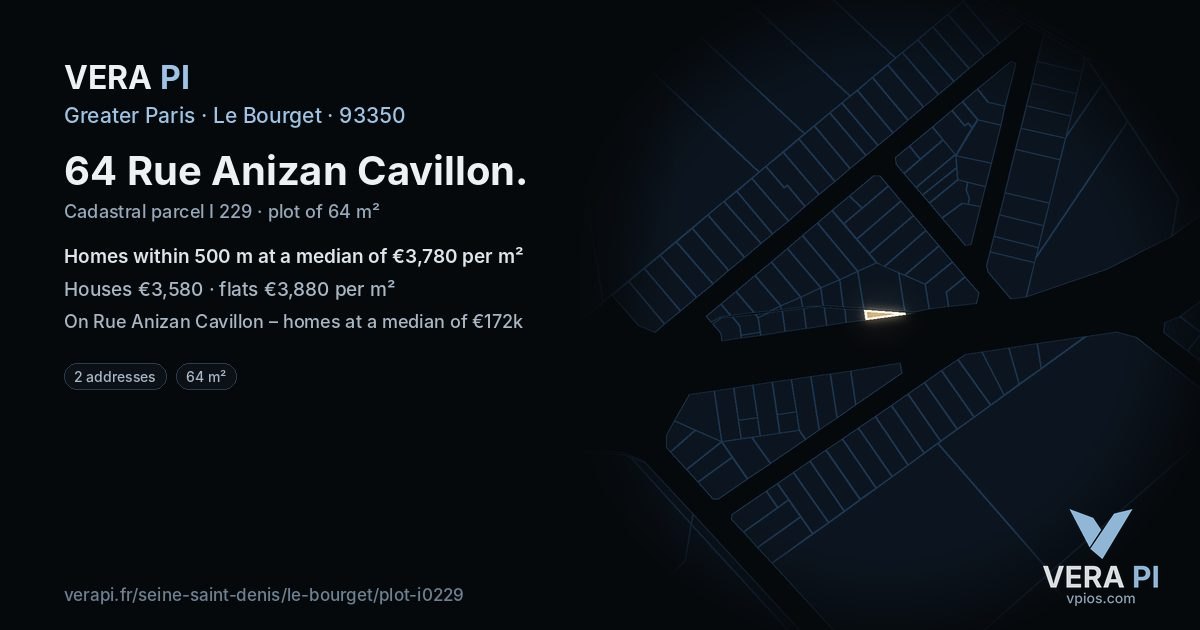 64 Rue Anizan Cavillon, Le Bourget at night – the plot lit, the parcels around coloured by the prices near them
