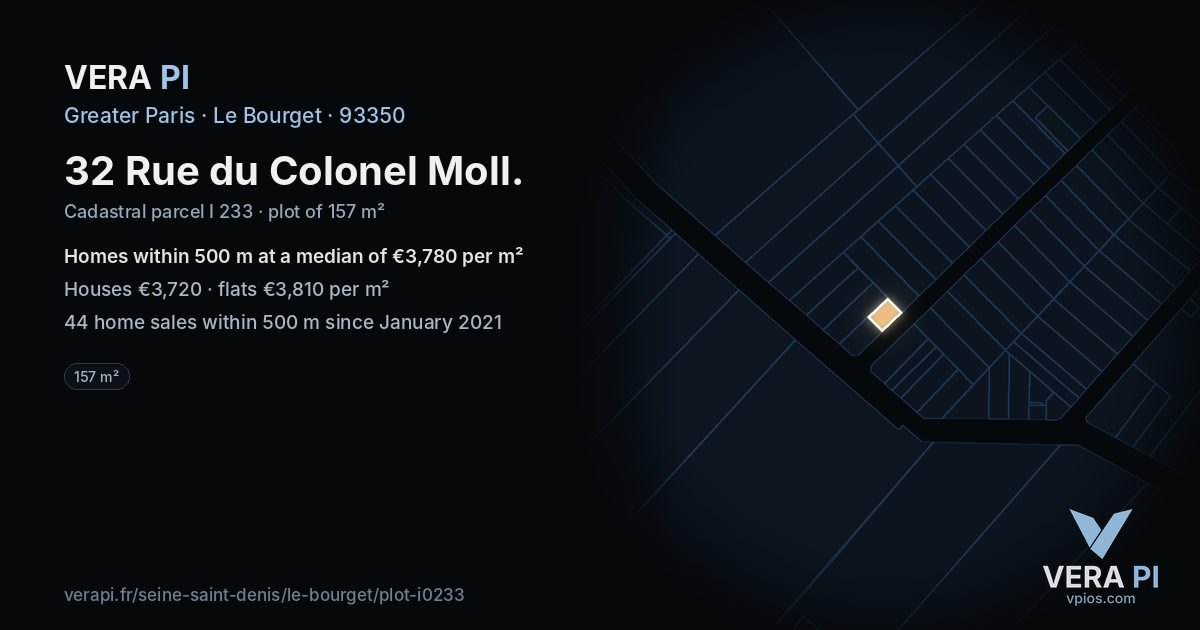 32 Rue du Colonel Moll, Le Bourget at night – the plot lit, the parcels around coloured by the prices near them