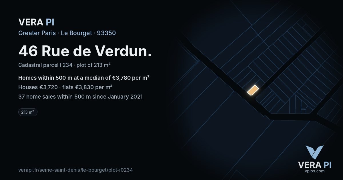 46 Rue de Verdun, Le Bourget at night – the plot lit, the parcels around coloured by the prices near them