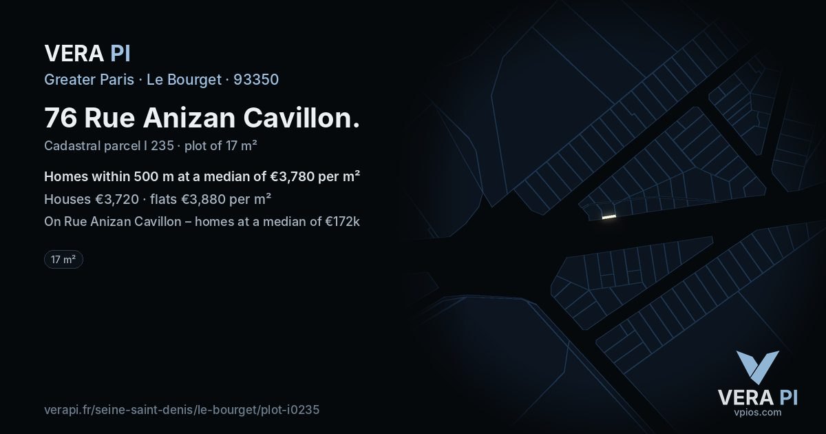 76 Rue Anizan Cavillon, Le Bourget at night – the plot lit, the parcels around coloured by the prices near them
