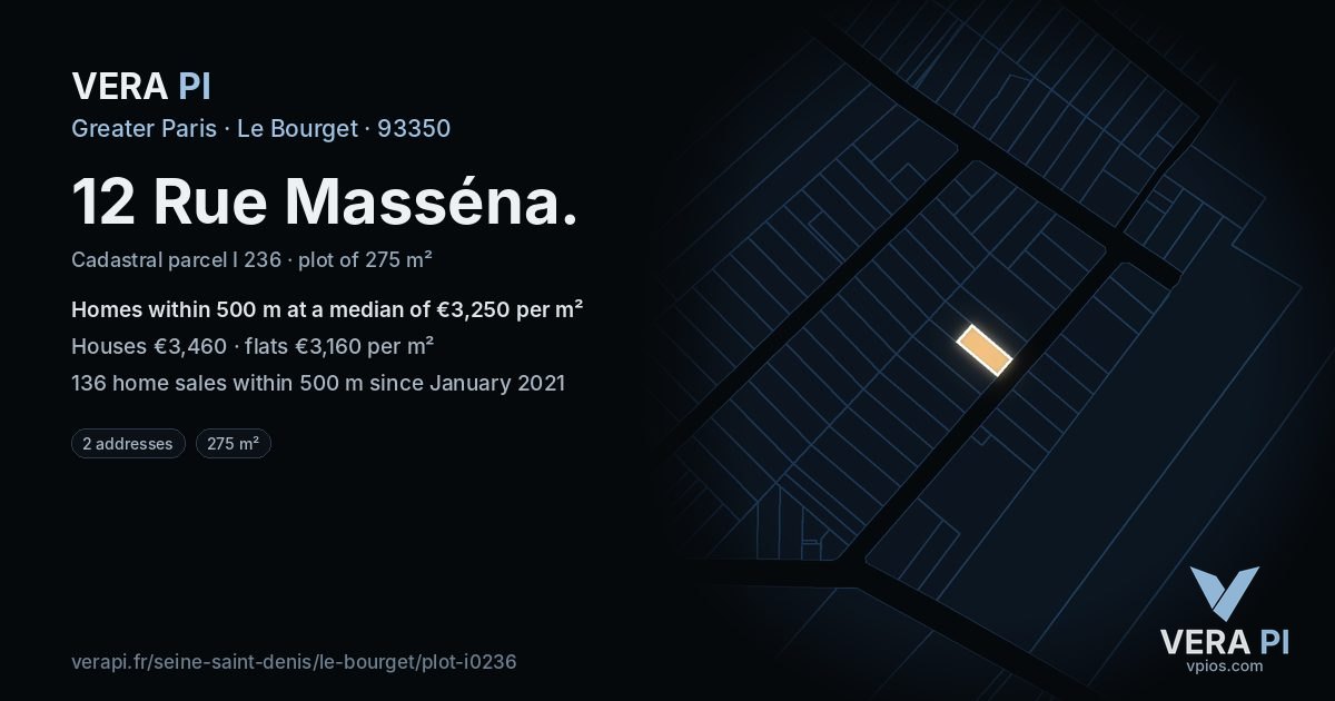 12 Rue Masséna, Le Bourget at night – the plot lit, the parcels around coloured by the prices near them