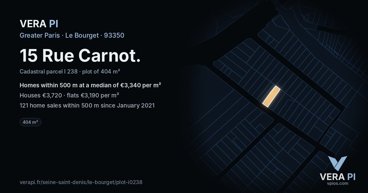 15 Rue Carnot, Le Bourget at night – the plot lit, the parcels around coloured by the prices near them