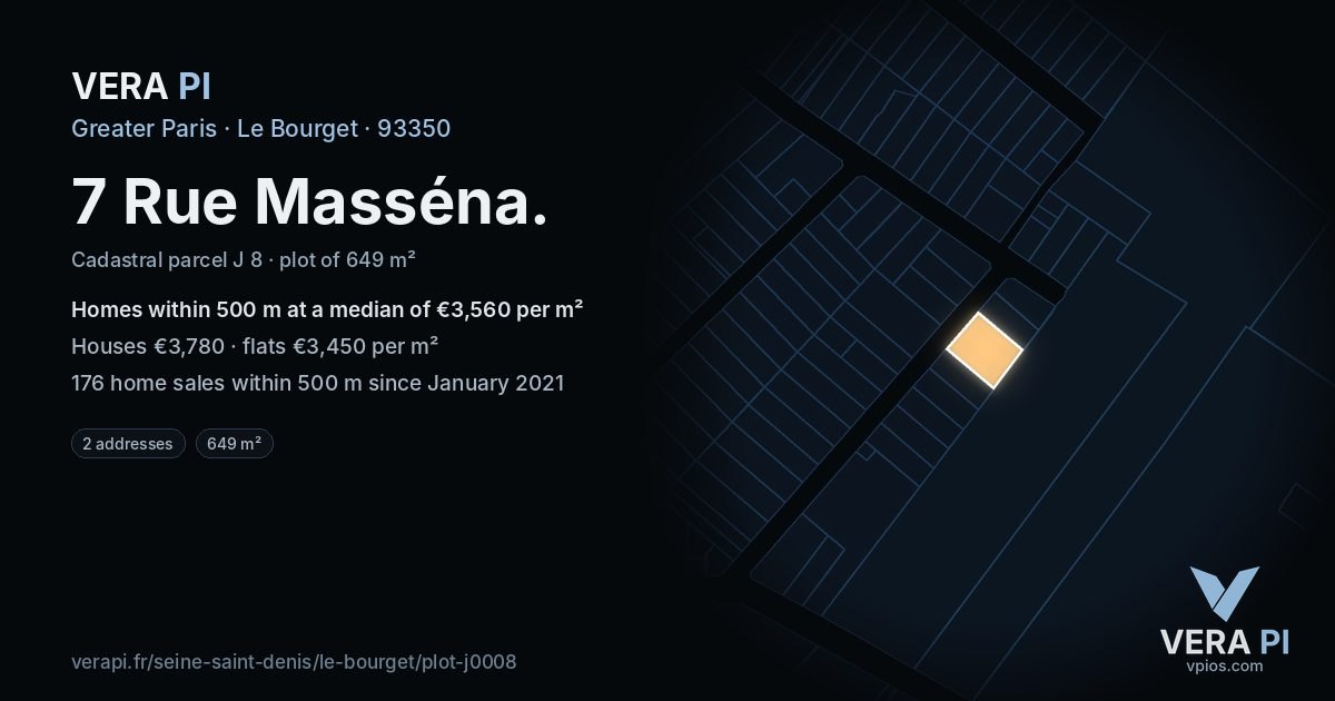 7 Rue Masséna, Le Bourget at night – the plot lit, the parcels around coloured by the prices near them