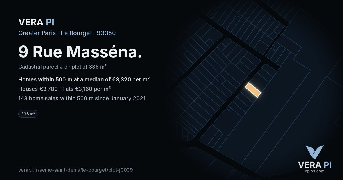 9 Rue Masséna, Le Bourget at night – the plot lit, the parcels around coloured by the prices near them