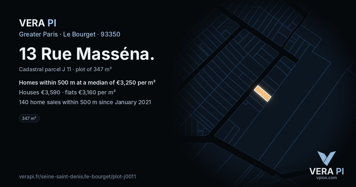 13 Rue Masséna, Le Bourget at night – the plot lit, the parcels around coloured by the prices near them