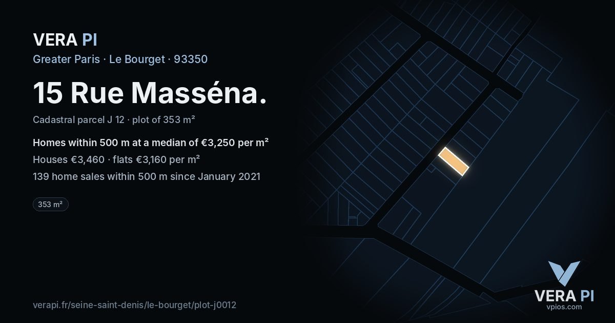 15 Rue Masséna, Le Bourget at night – the plot lit, the parcels around coloured by the prices near them