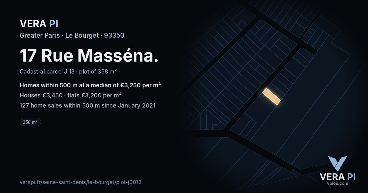 17 Rue Masséna, Le Bourget at night – the plot lit, the parcels around coloured by the prices near them