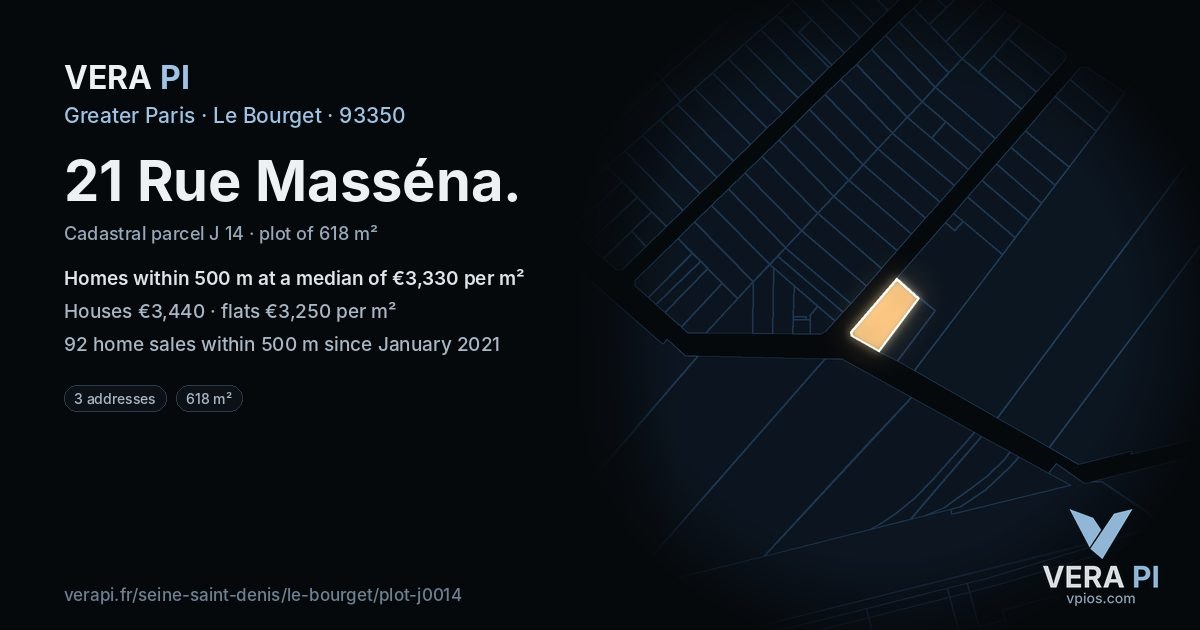 21 Rue Masséna, Le Bourget at night – the plot lit, the parcels around coloured by the prices near them