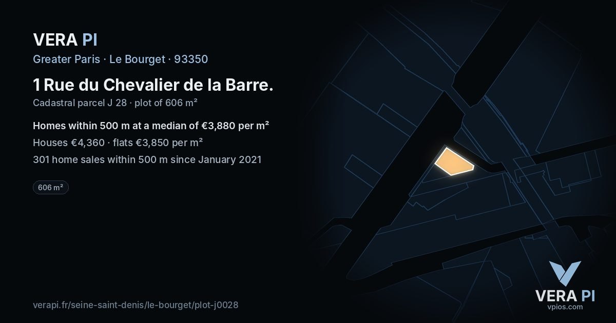 1 Rue du Chevalier de la Barre, Le Bourget at night – the plot lit, the parcels around coloured by the prices near them