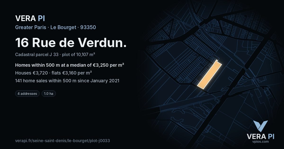 16 Rue de Verdun, Le Bourget at night – the plot lit, the parcels around coloured by the prices near them