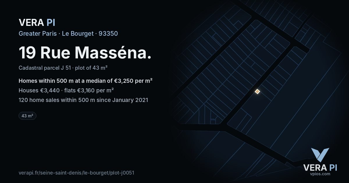 19 Rue Masséna, Le Bourget at night – the plot lit, the parcels around coloured by the prices near them