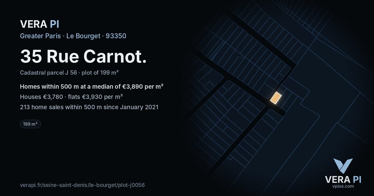 35 Rue Carnot, Le Bourget at night – the plot lit, the parcels around coloured by the prices near them