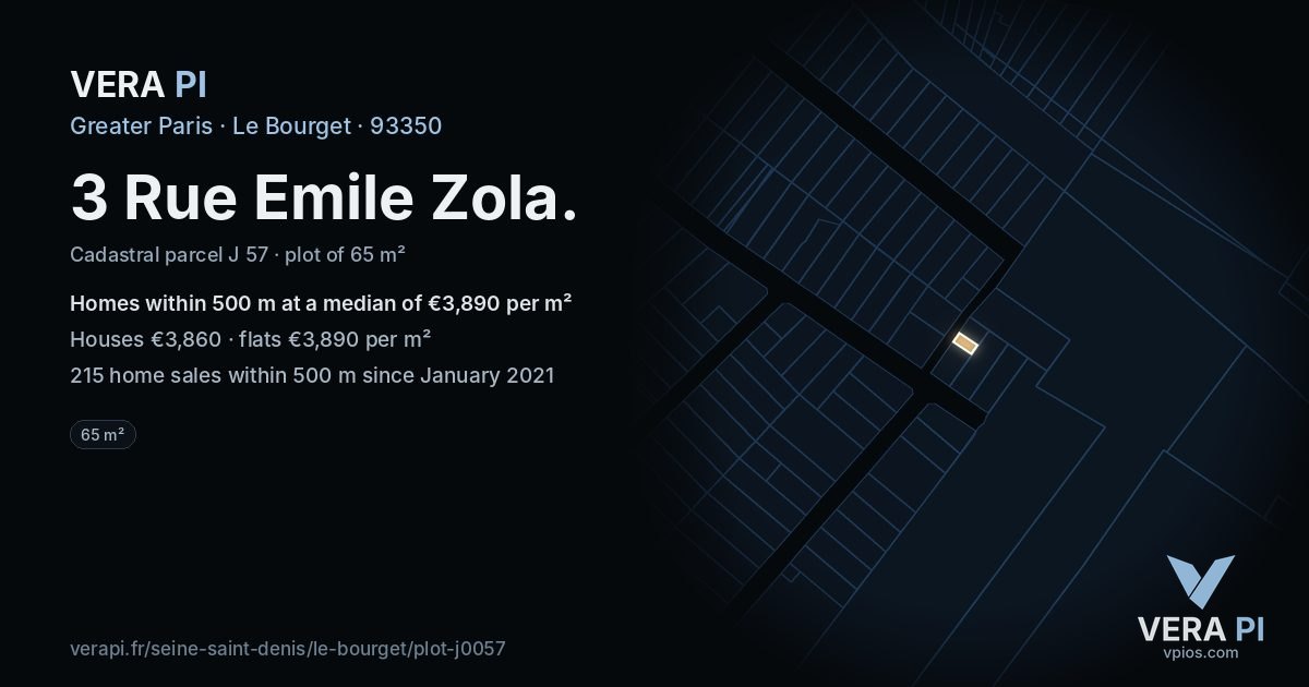 3 Rue Emile Zola, Le Bourget at night – the plot lit, the parcels around coloured by the prices near them