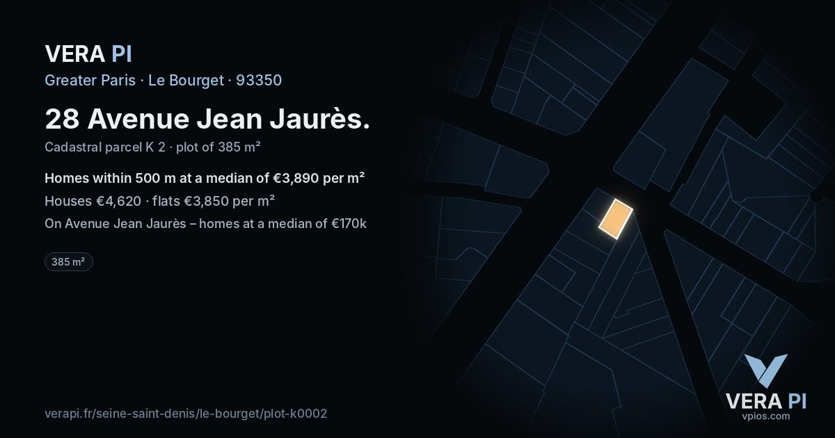 28 Avenue Jean Jaurès, Le Bourget at night – the plot lit, the parcels around coloured by the prices near them