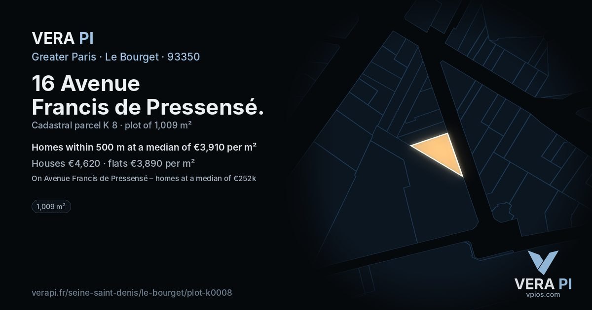 16 Avenue Francis de Pressensé, Le Bourget at night – the plot lit, the parcels around coloured by the prices near them
