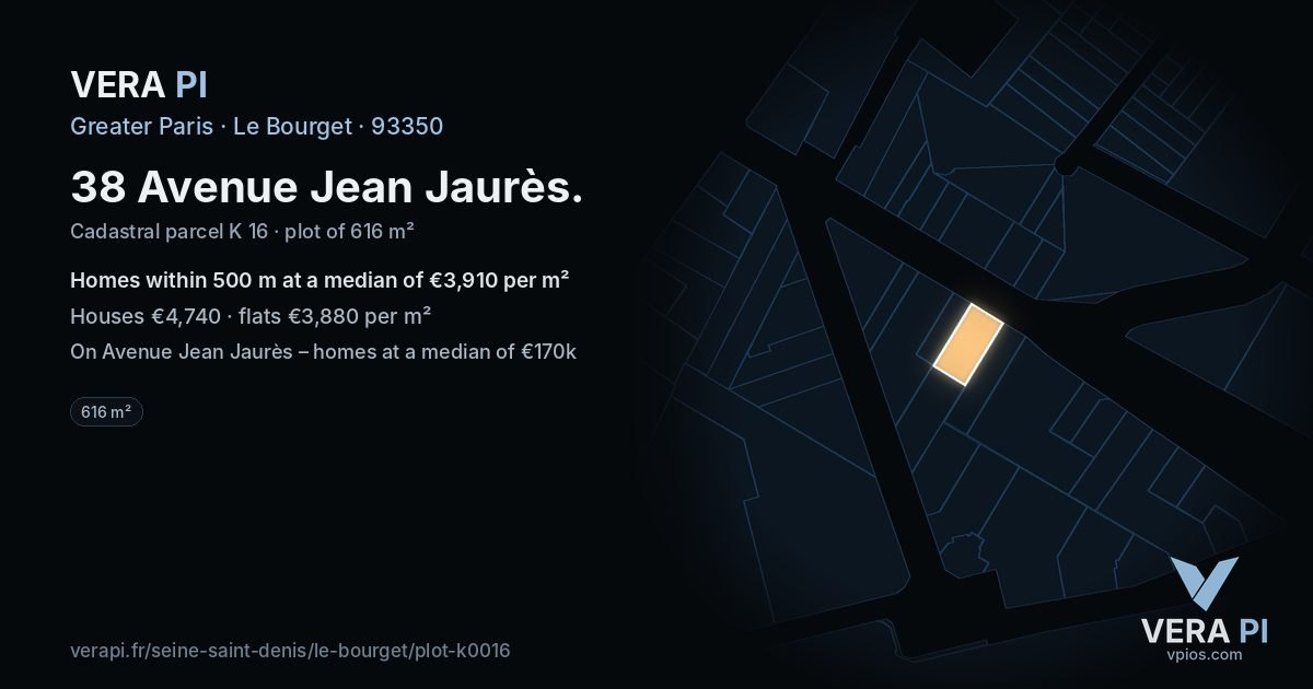 38 Avenue Jean Jaurès, Le Bourget at night – the plot lit, the parcels around coloured by the prices near them
