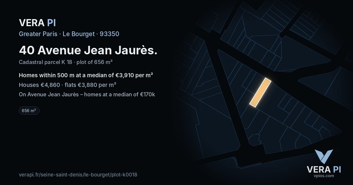 40 Avenue Jean Jaurès, Le Bourget at night – the plot lit, the parcels around coloured by the prices near them