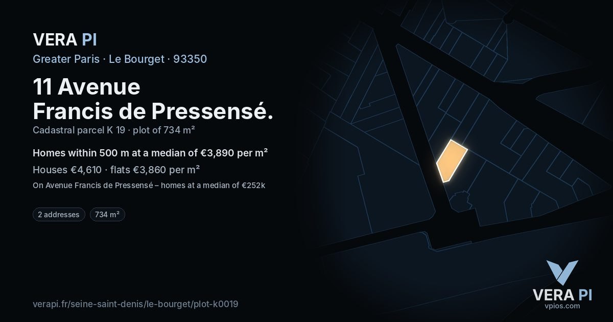 11 Avenue Francis de Pressensé, Le Bourget at night – the plot lit, the parcels around coloured by the prices near them