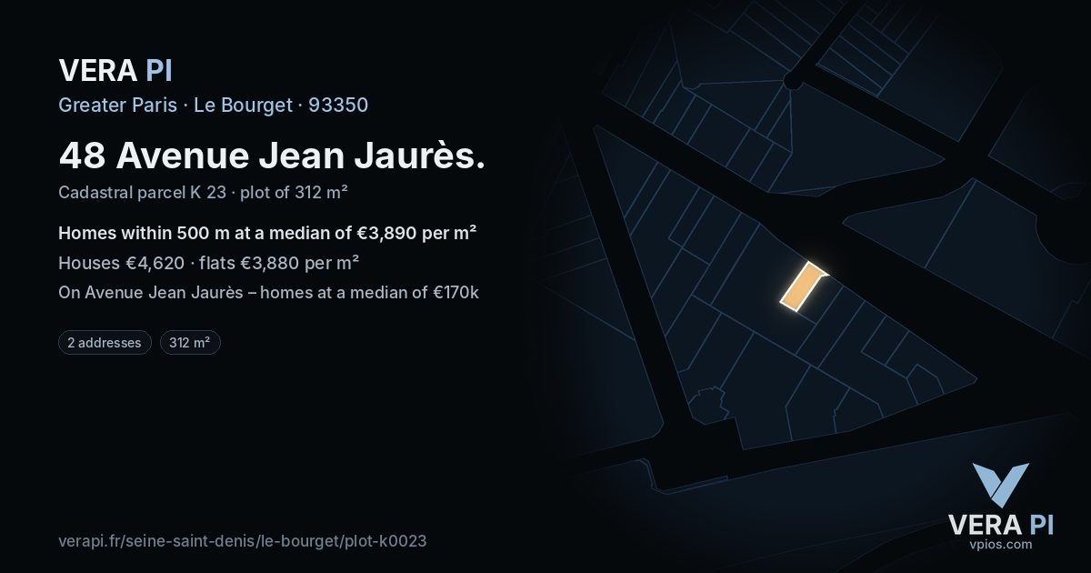 48 Avenue Jean Jaurès, Le Bourget at night – the plot lit, the parcels around coloured by the prices near them