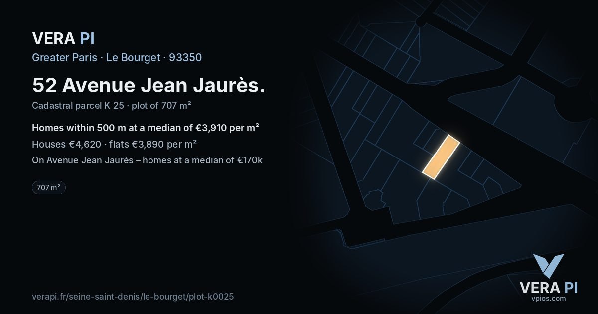 52 Avenue Jean Jaurès, Le Bourget at night – the plot lit, the parcels around coloured by the prices near them