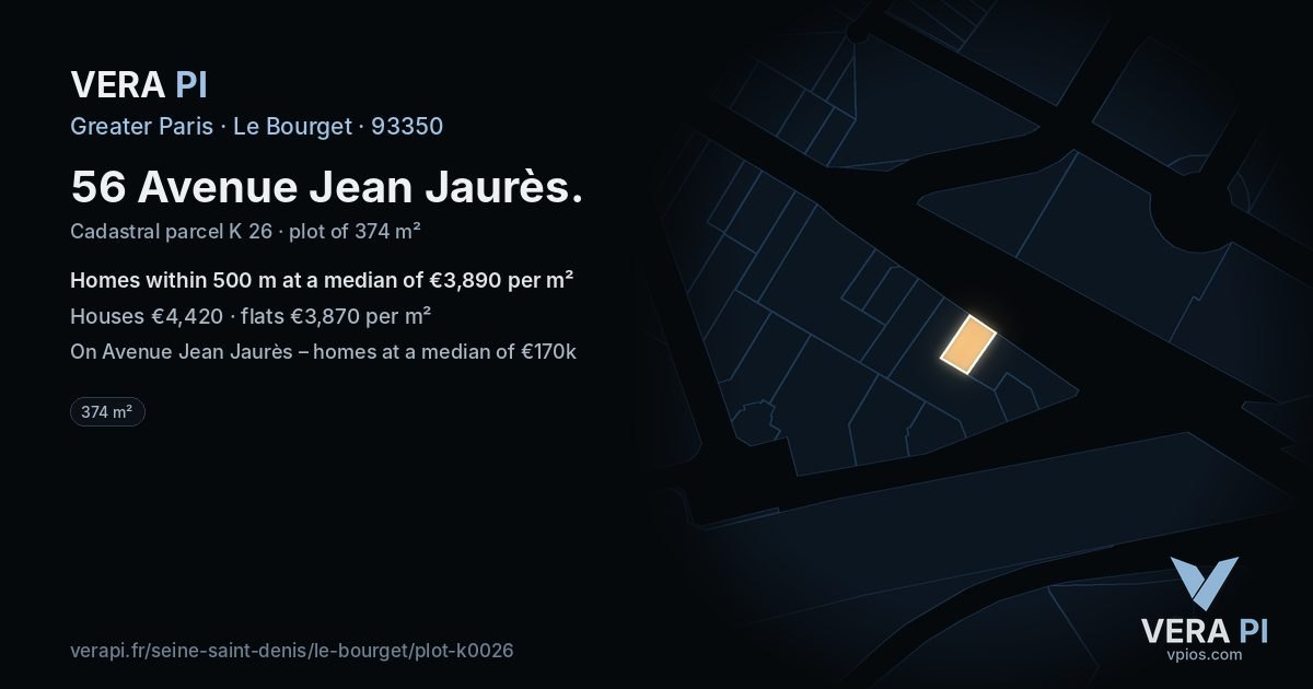 56 Avenue Jean Jaurès, Le Bourget at night – the plot lit, the parcels around coloured by the prices near them