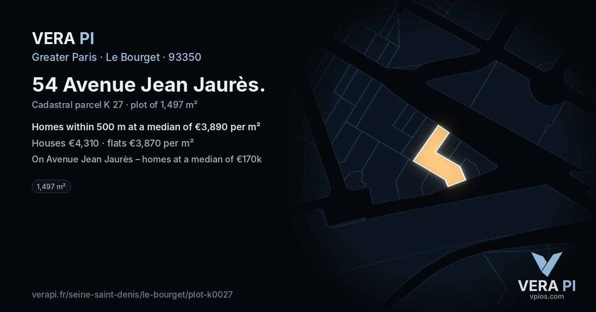 54 Avenue Jean Jaurès, Le Bourget at night – the plot lit, the parcels around coloured by the prices near them