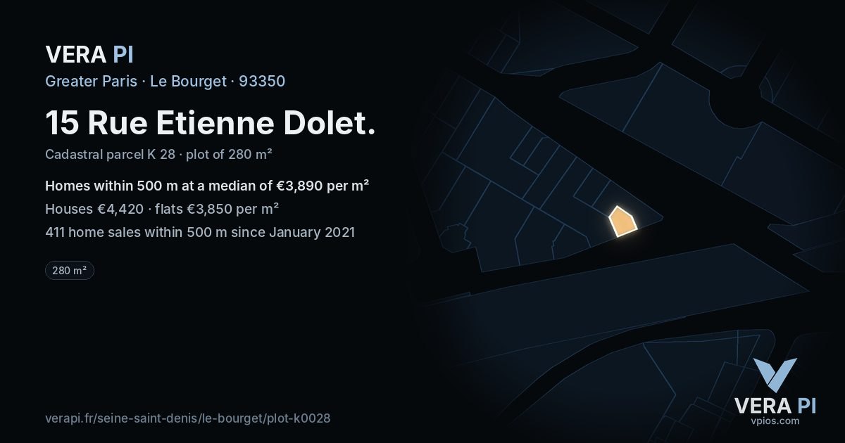 15 Rue Etienne Dolet, Le Bourget at night – the plot lit, the parcels around coloured by the prices near them