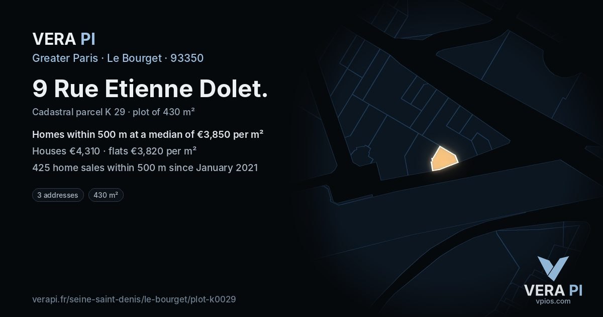 9 Rue Etienne Dolet, Le Bourget at night – the plot lit, the parcels around coloured by the prices near them