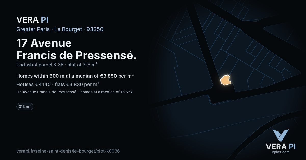 17 Avenue Francis de Pressensé, Le Bourget at night – the plot lit, the parcels around coloured by the prices near them