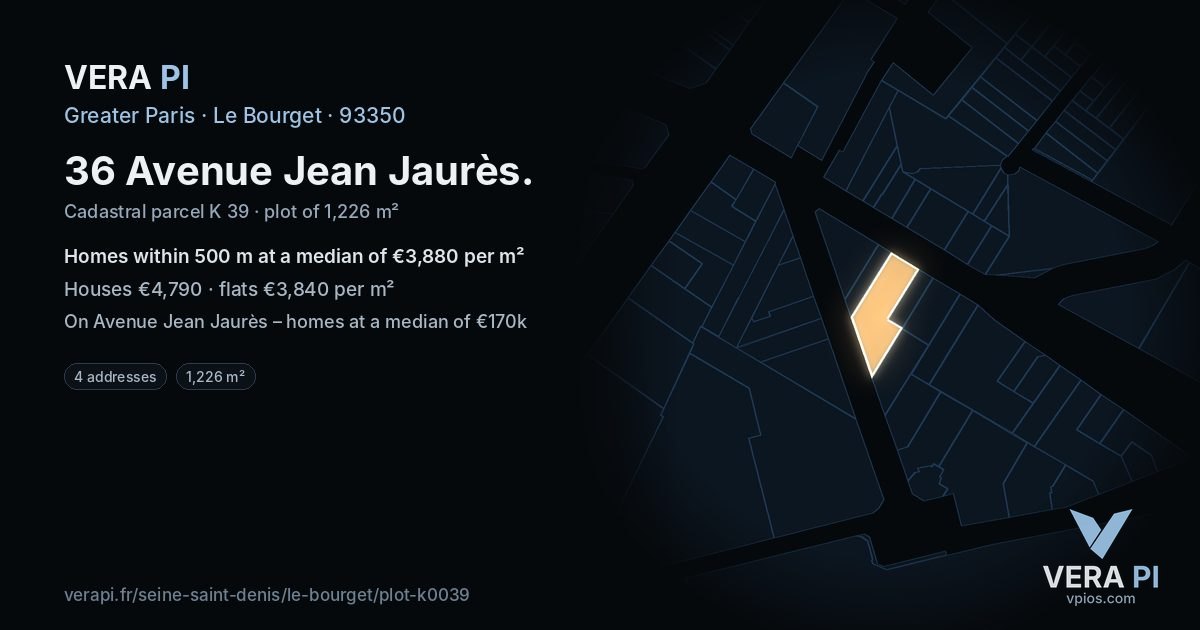 36 Avenue Jean Jaurès, Le Bourget at night – the plot lit, the parcels around coloured by the prices near them