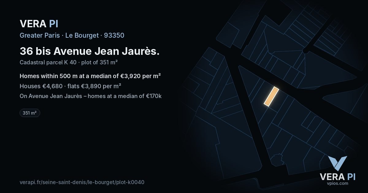 36 bis Avenue Jean Jaurès, Le Bourget at night – the plot lit, the parcels around coloured by the prices near them
