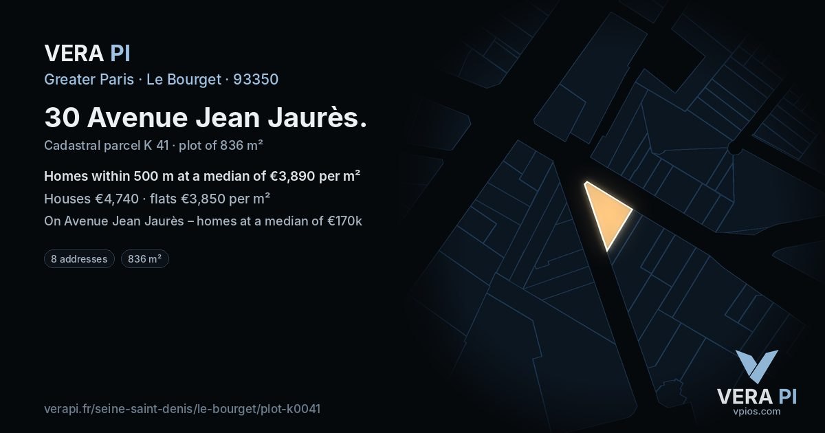 30 Avenue Jean Jaurès, Le Bourget at night – the plot lit, the parcels around coloured by the prices near them